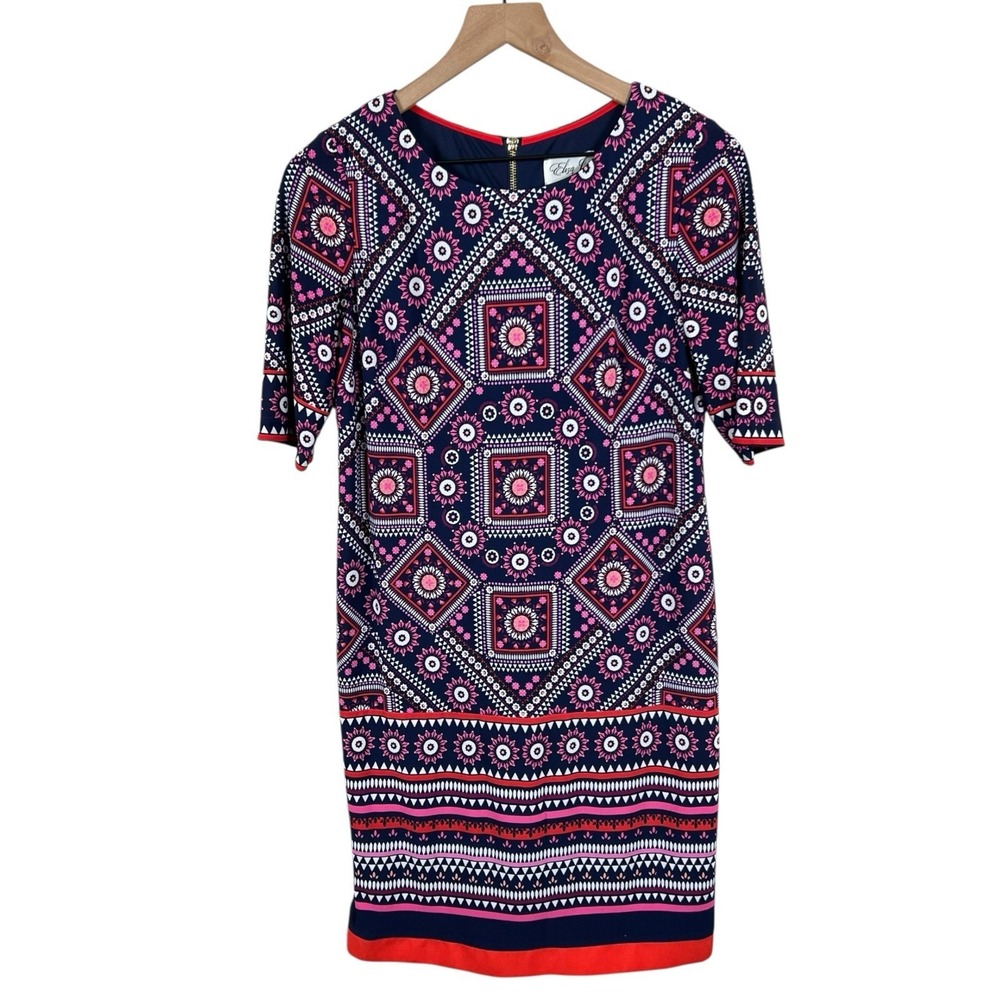 Eliza J Womens 8 Petite Multicolor Geometric Half‎ Sleeve Stretch Shift Dress